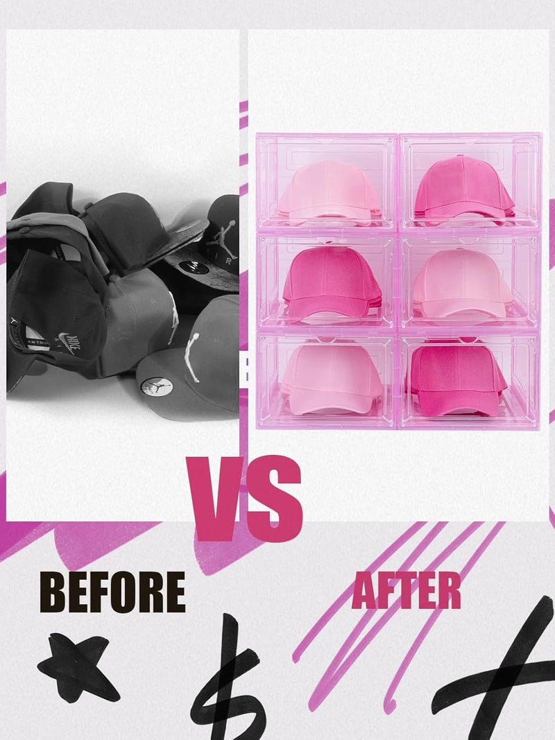 SCAVATA 6 Pack Hat Organizer Box, Stackable Clear Baseball Caps Holder Box Containers with Magnetic Door for Hats Snapback Cap Storag, Hat Rack Display Case, Holds 8 Hats Each (Pink) - Image 4